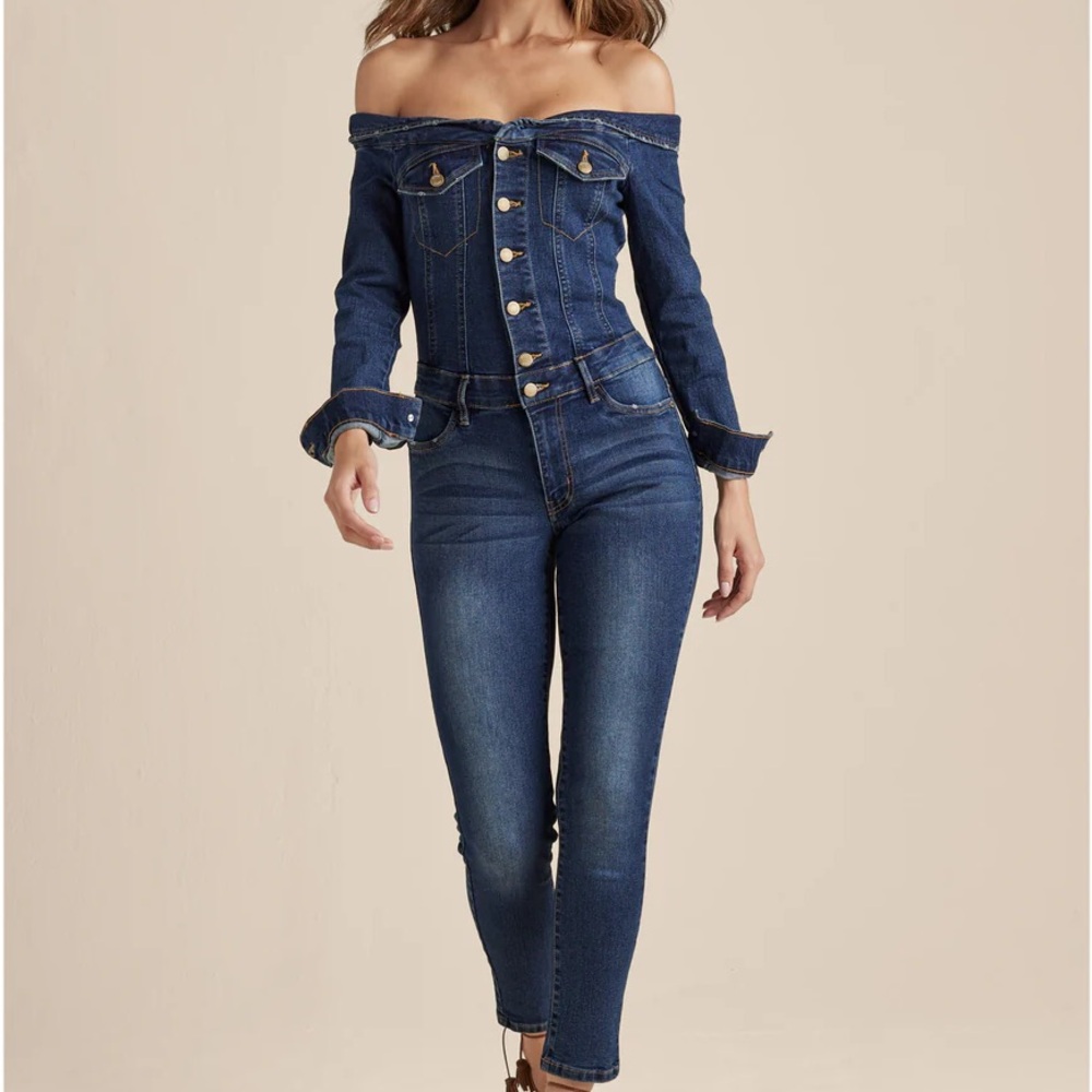 VENUS Blue Denim Off Shoulder Jumpsuit NWT Size 4
